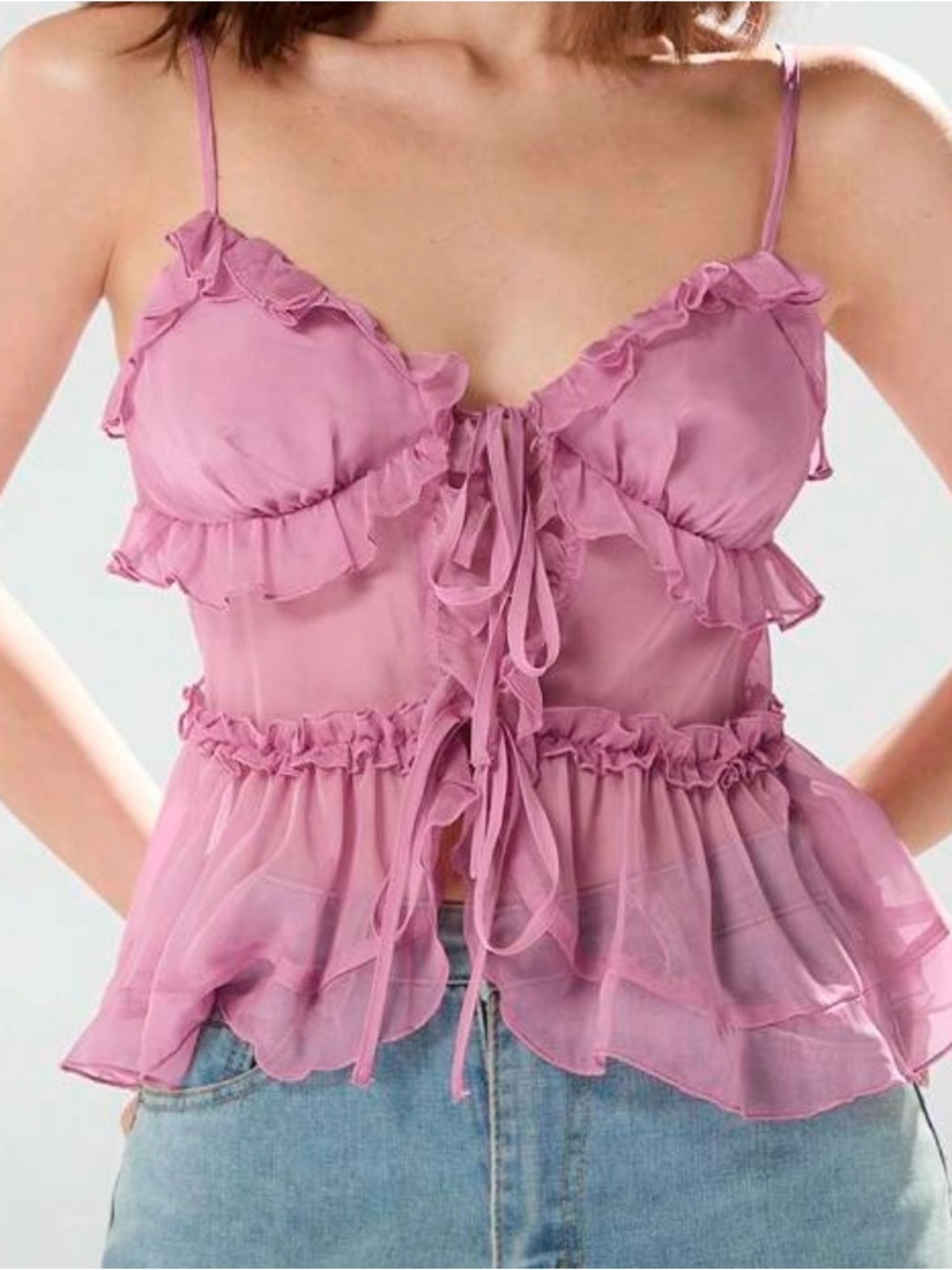 Delicate Ruffle Tie-Front Pink Sheer Cami Top